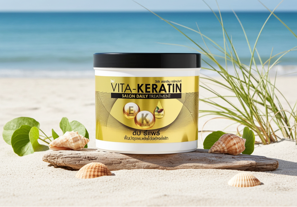 Vita-Keratin hair treatment jar on a sandy beach with ocean view