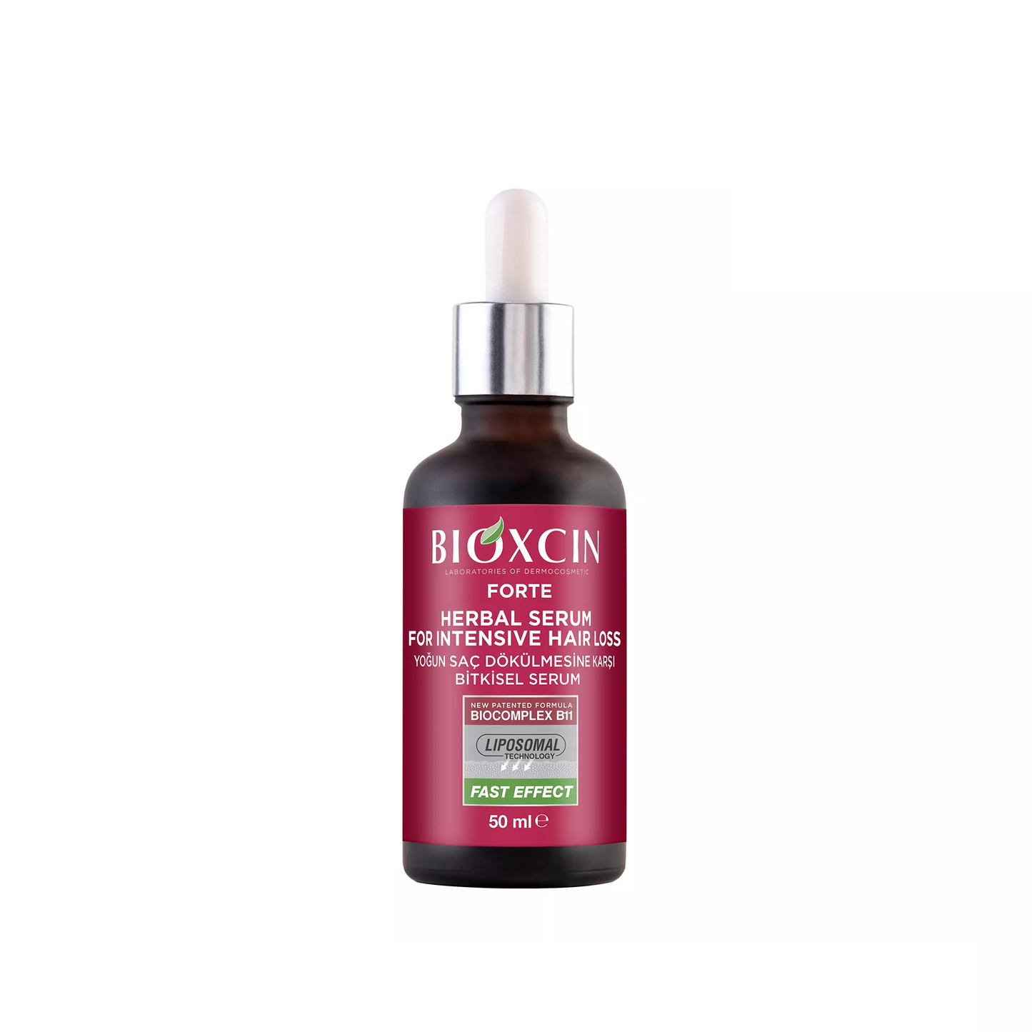 Bioxcin herbal serum bottle with dropper on a white background