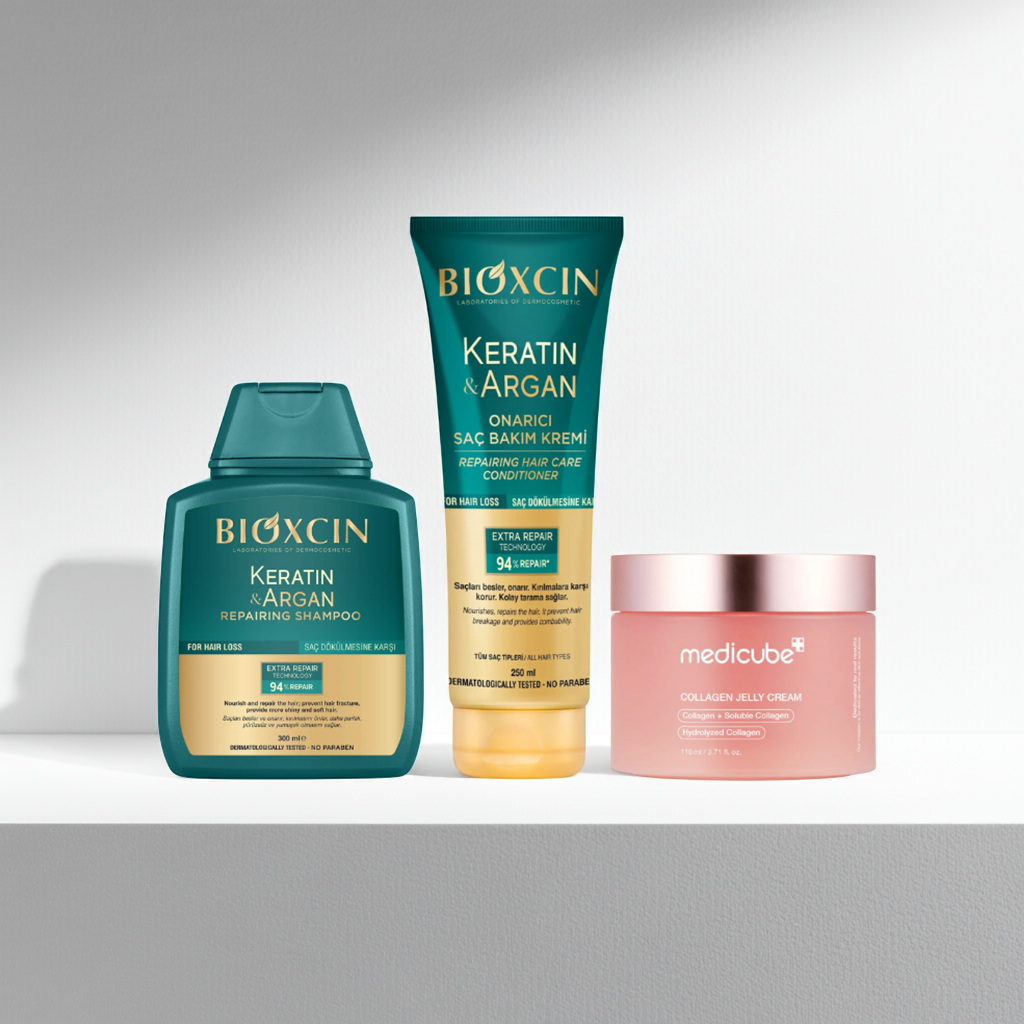 Bioxcin Keratin Argan Repairing Shampoo, Conditioner & Medicube Collagen Jelly Cream on a grey background