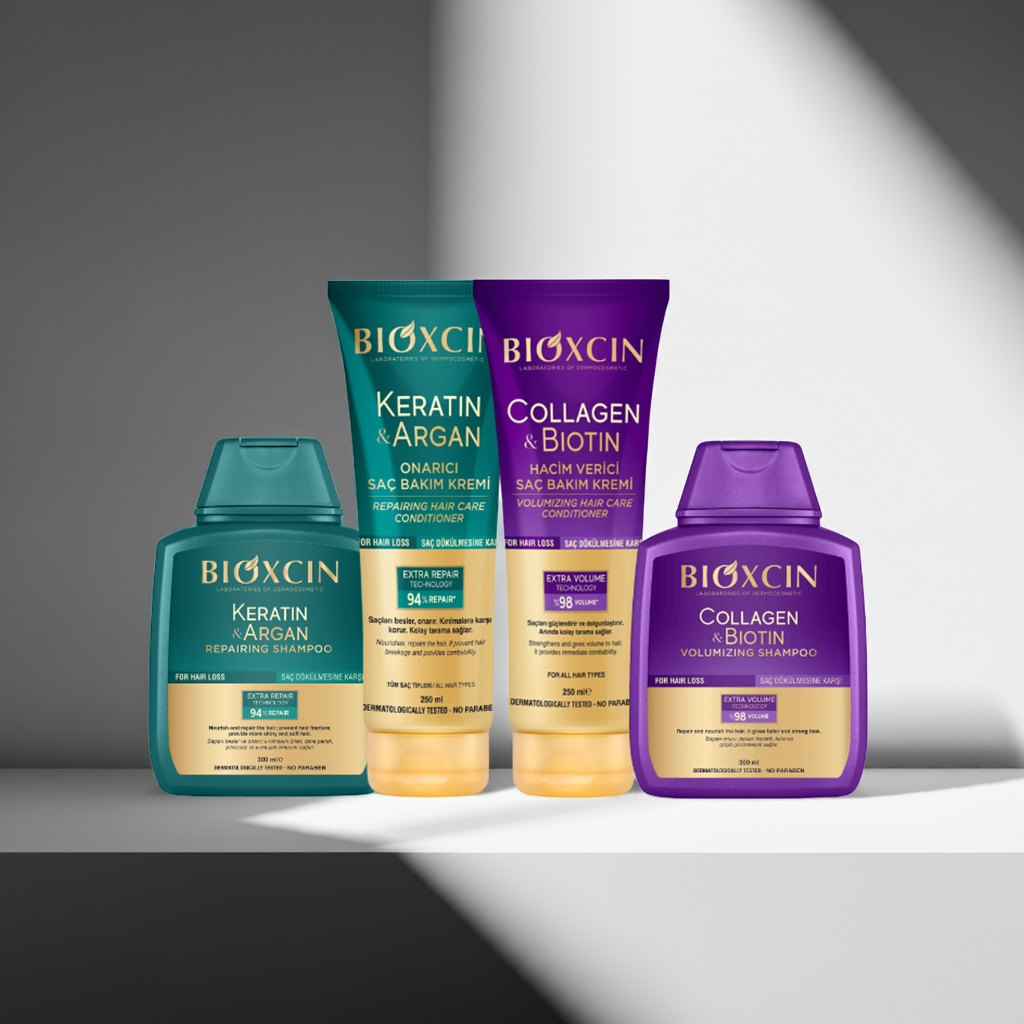 Bioxcin Keratin and Argan Collagen Biotin Repairing Volumising Shampoo and Conditioner on a grey background