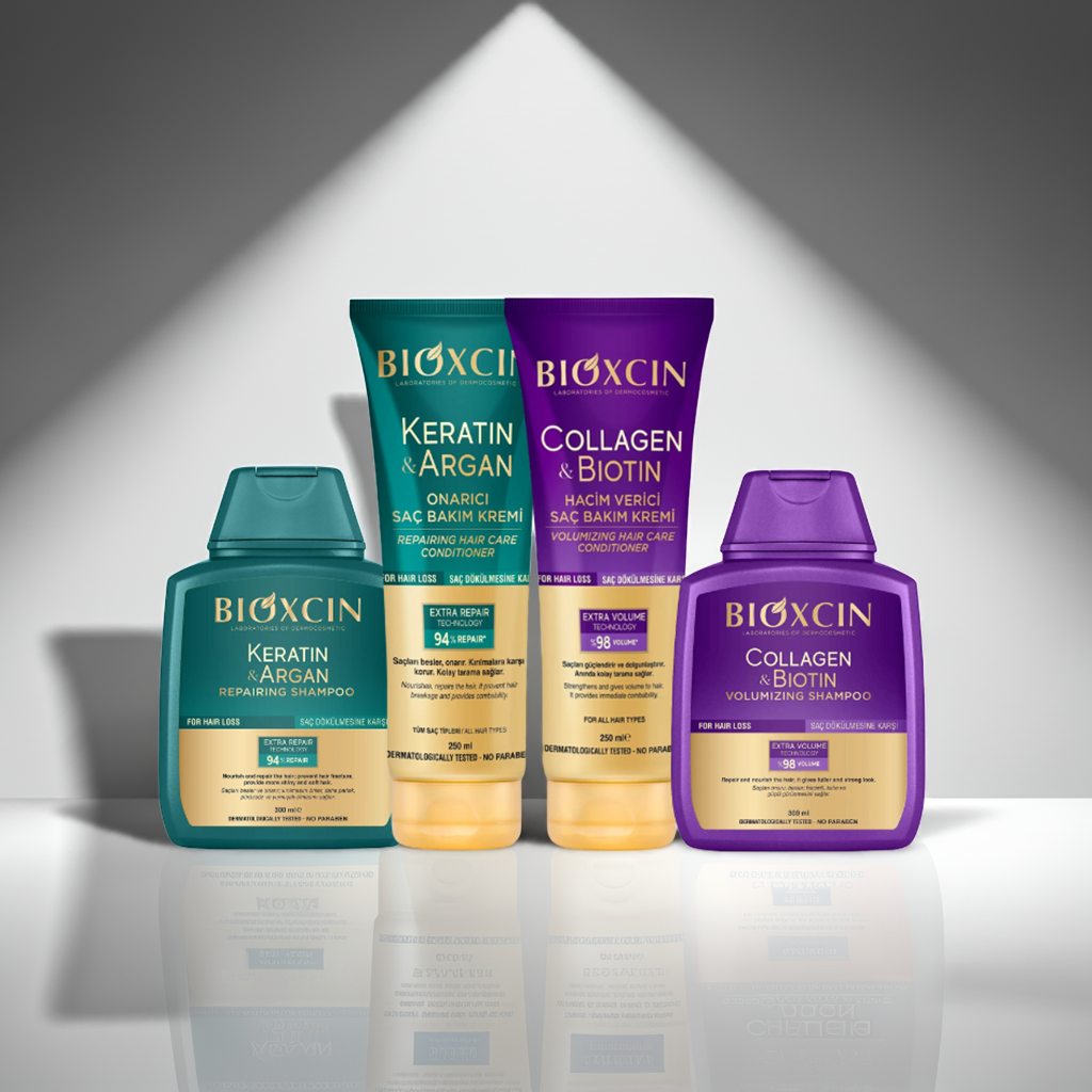 Bioxcin Keratin and Argan Collagen Biotin Repairing Volumising Shampoo and Conditioner on a grey background