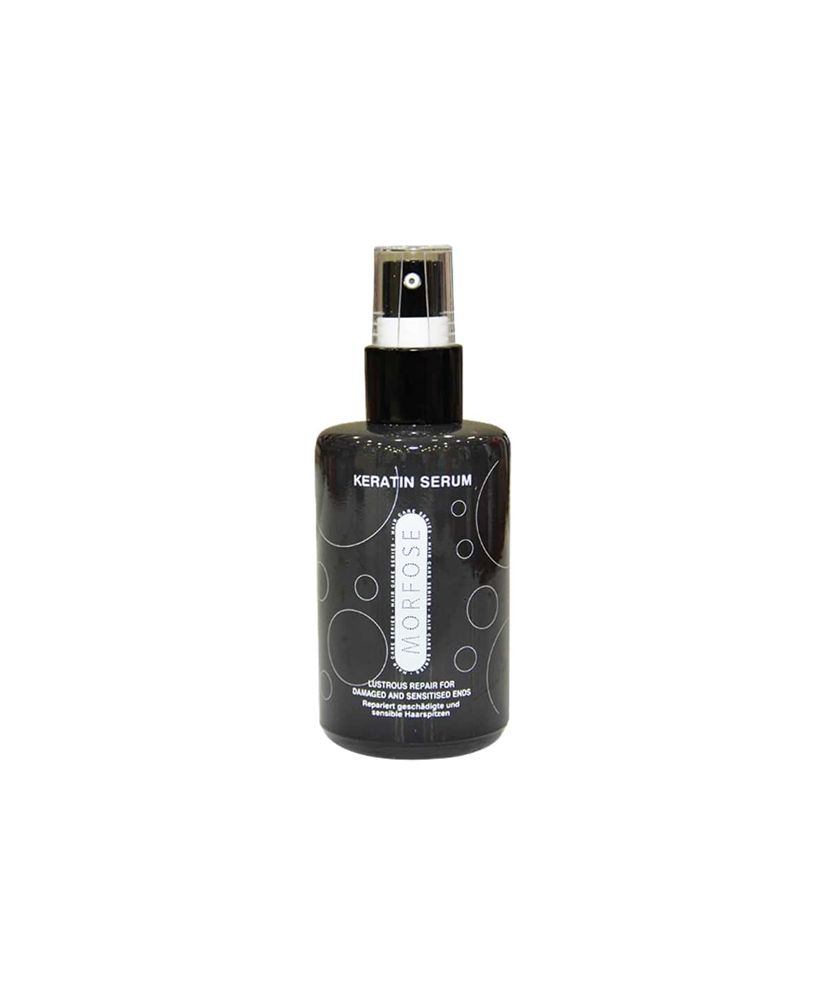 Black bottle of Morfose keratin serum with a white label on a white background