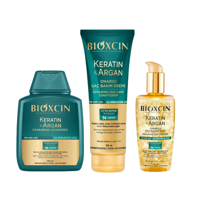 Bioxcin Keratin & Argan Bundle – Shampoo, Conditioner & Hair Oil for Deep Repair, Nourishment & Shine