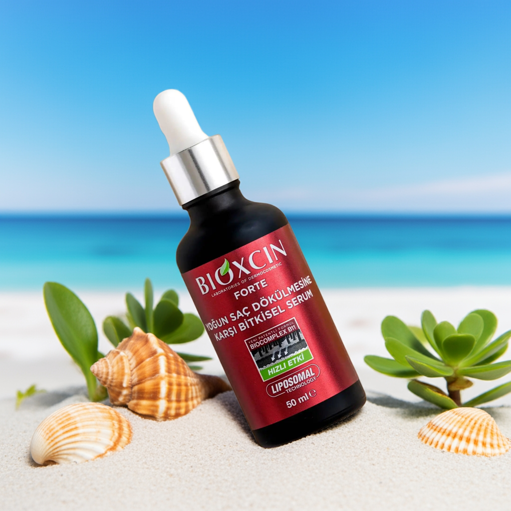 BIOXCIN FORTE hair serum bottle with text on a beach background