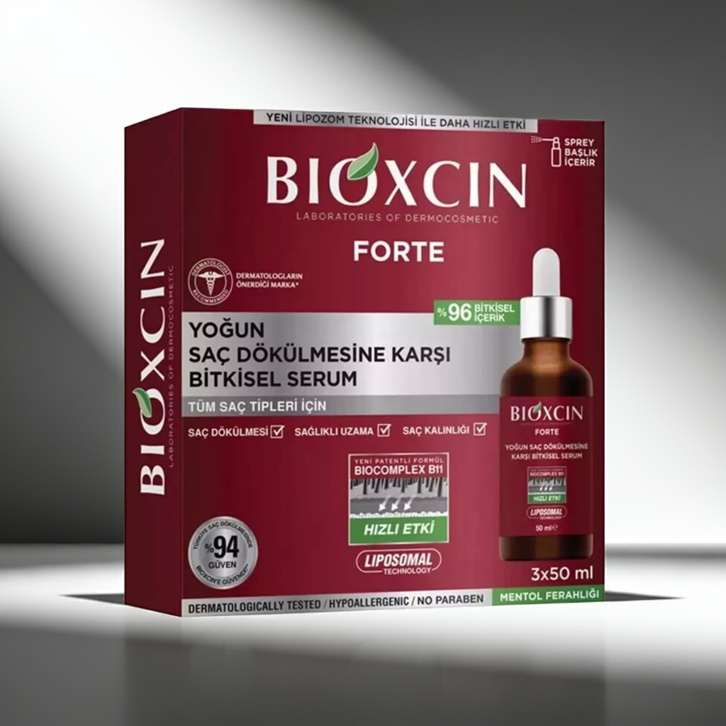 BIOXCIN FORTE hair serum triple pack with text on a grey background