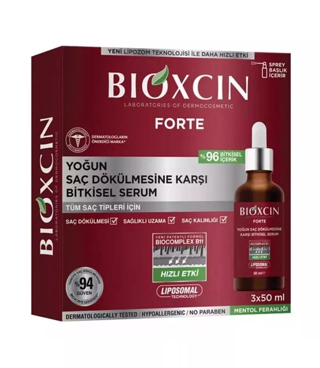 Bioxcin Forte hair serum packaging with dropper on a white background