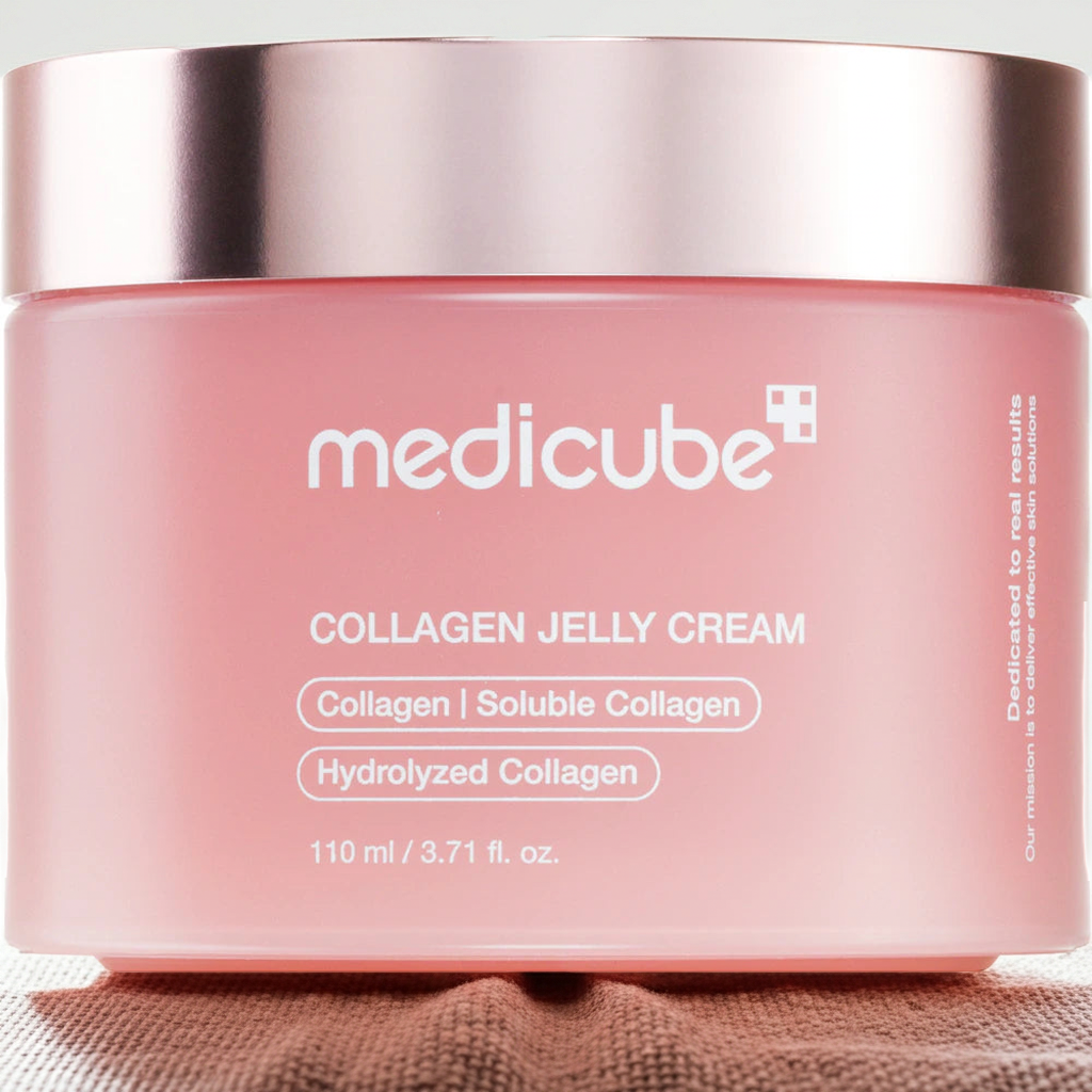 Pink jar of Medicube Collagen Jelly Cream on a light background
