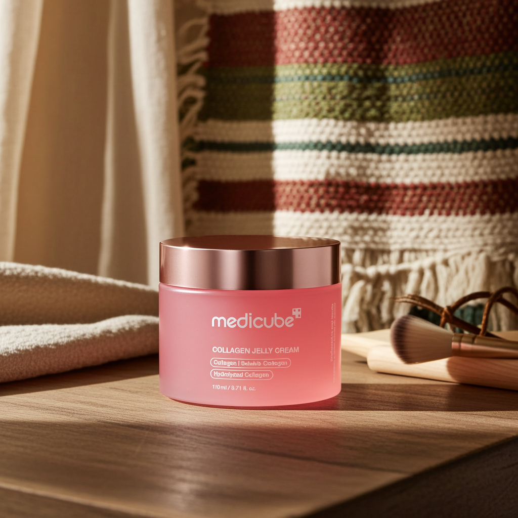 Pink jar of Medicube Collagen Jelly Cream on a wooden surface with a textured fabric background