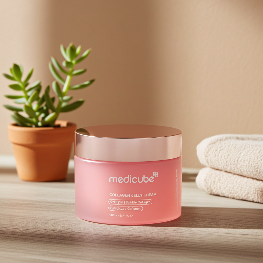 Pink jar of Medicube collagen jelly cream on a wooden surface with a plant and towels in the background.