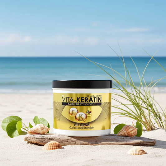 Vita-Keratin hair treatment jar on a sandy beach with ocean view