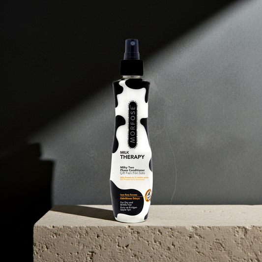 Bottle of Morfose Milk Therapy conditioner on a concrete surface with a dark background
