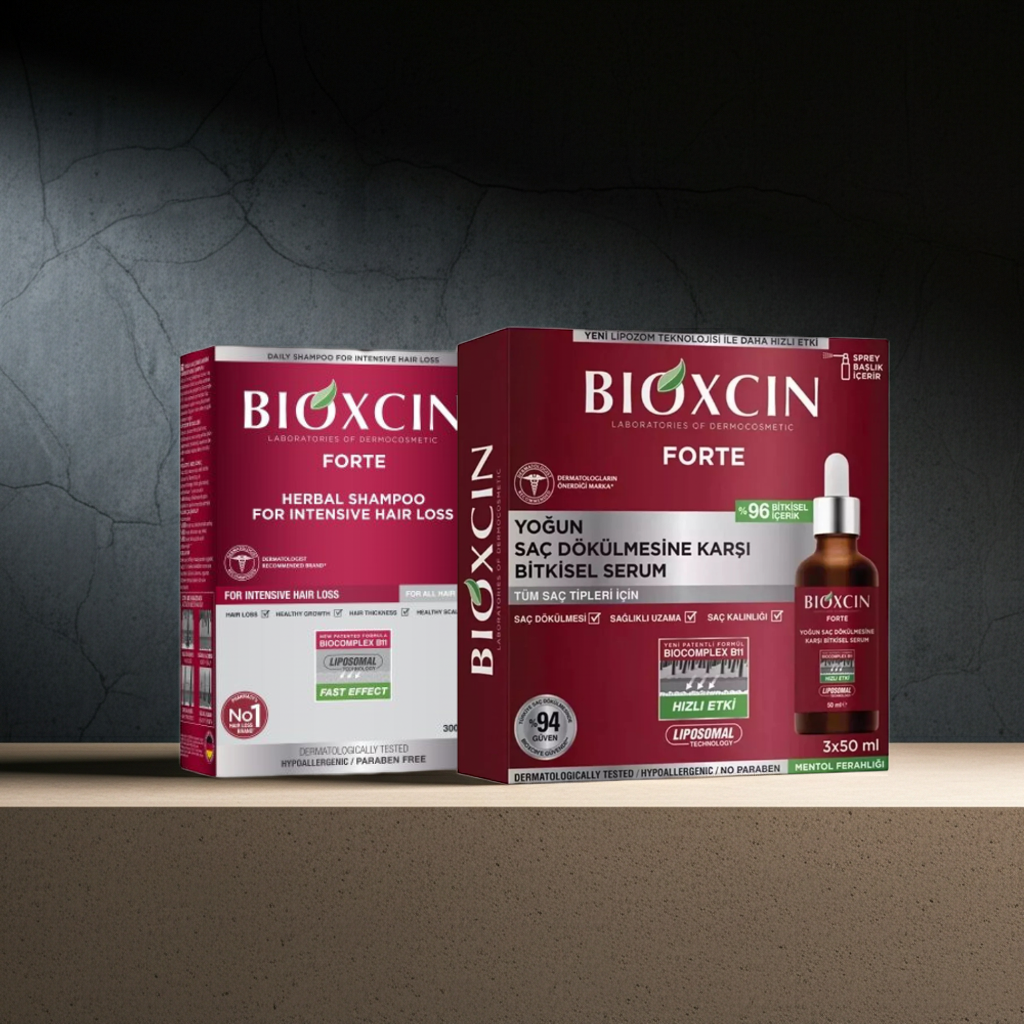 BIOXCIN Forte hair care product packaging on a dark background