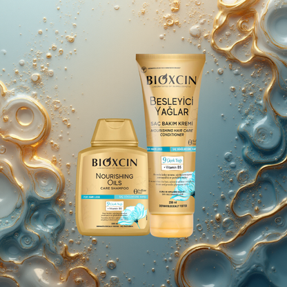 Bioxcin shampoo and conditioner bottles on a decorative background with gold and blue elements.