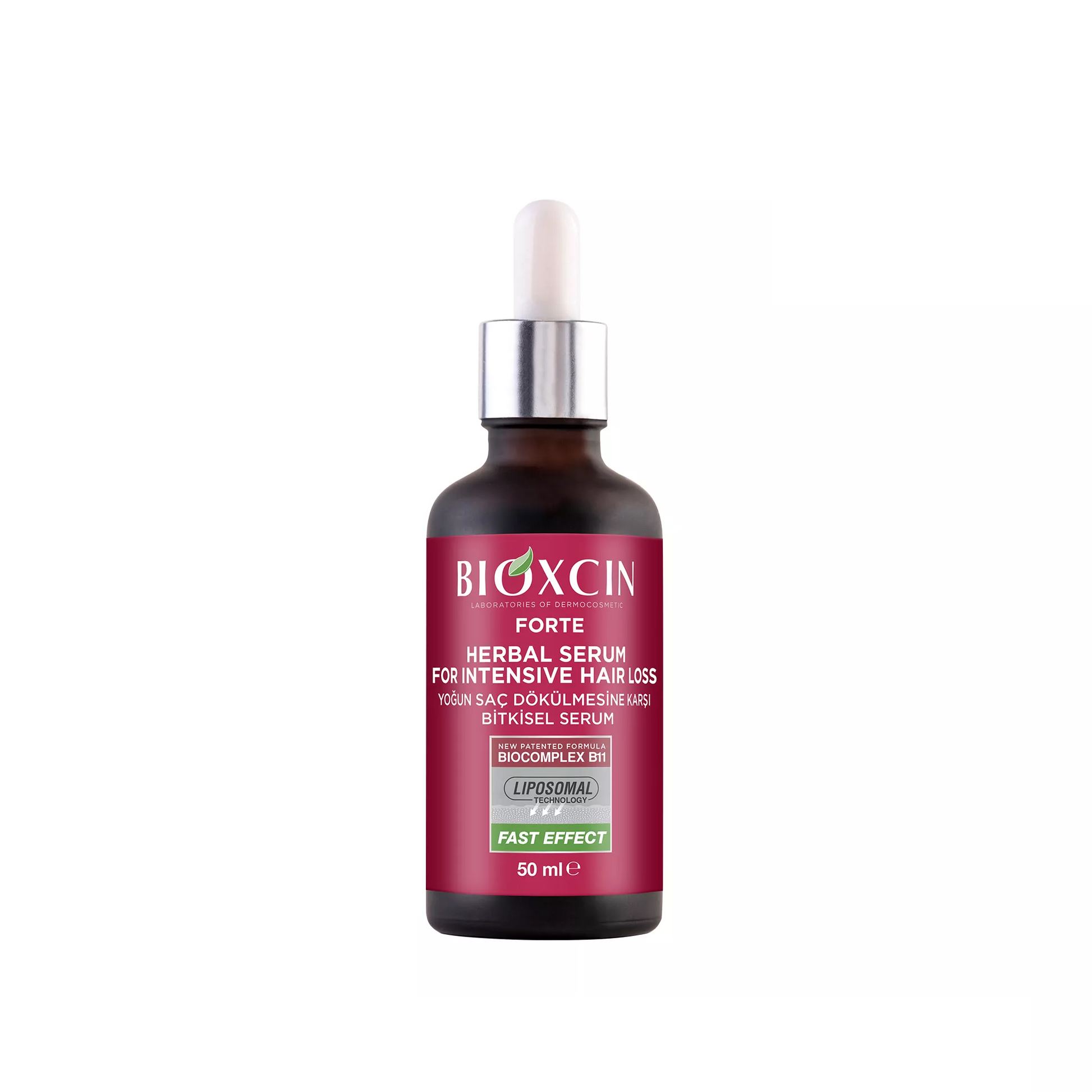 Bioxcin herbal serum bottle with dropper on a white background