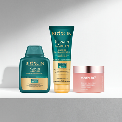Bioxcin Keratin Argan Repairing Shampoo, Conditioner & Medicube Collagen Jelly Cream on a grey background