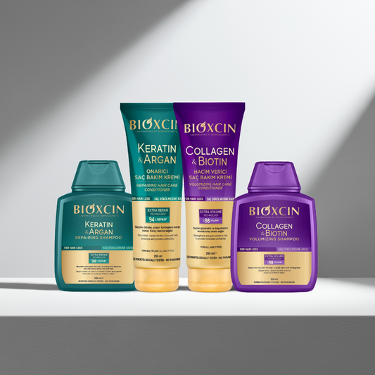 Bioxcin Keratin and Argan Collagen Biotin Repairing Volumising Shampoo and Conditioner on a grey background