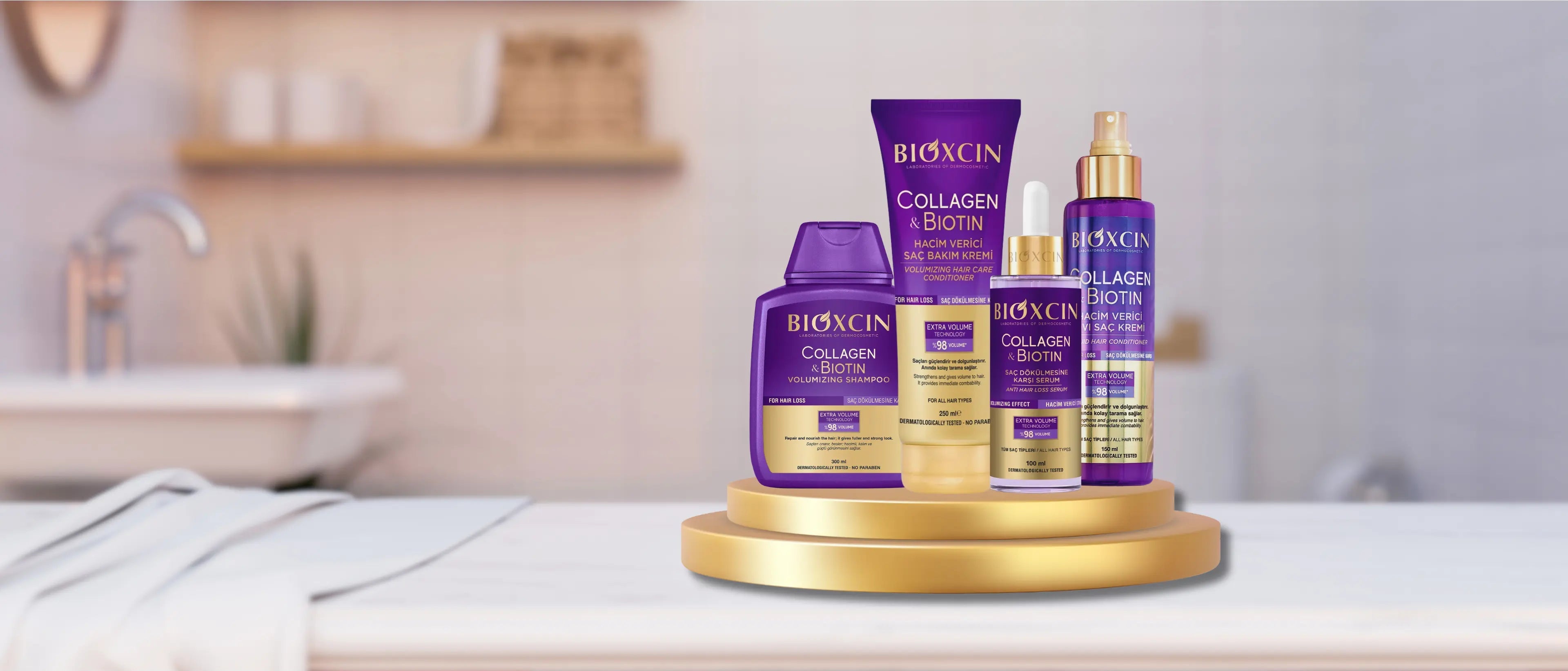 Bioxcin Collagen & Biotin skincare products on a bathroom counter.