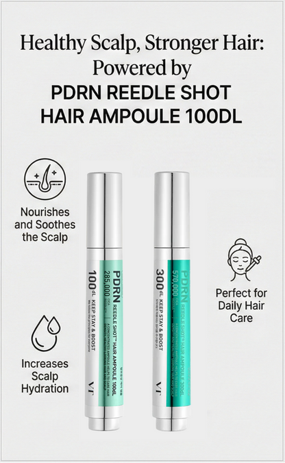Two VT PDRN REEDLE SHOT HAIR AMPOULE 100DL products with text on a white background