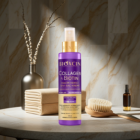 Bioxcin Collagen & Biotin hair care product on a wooden table with decorative items.