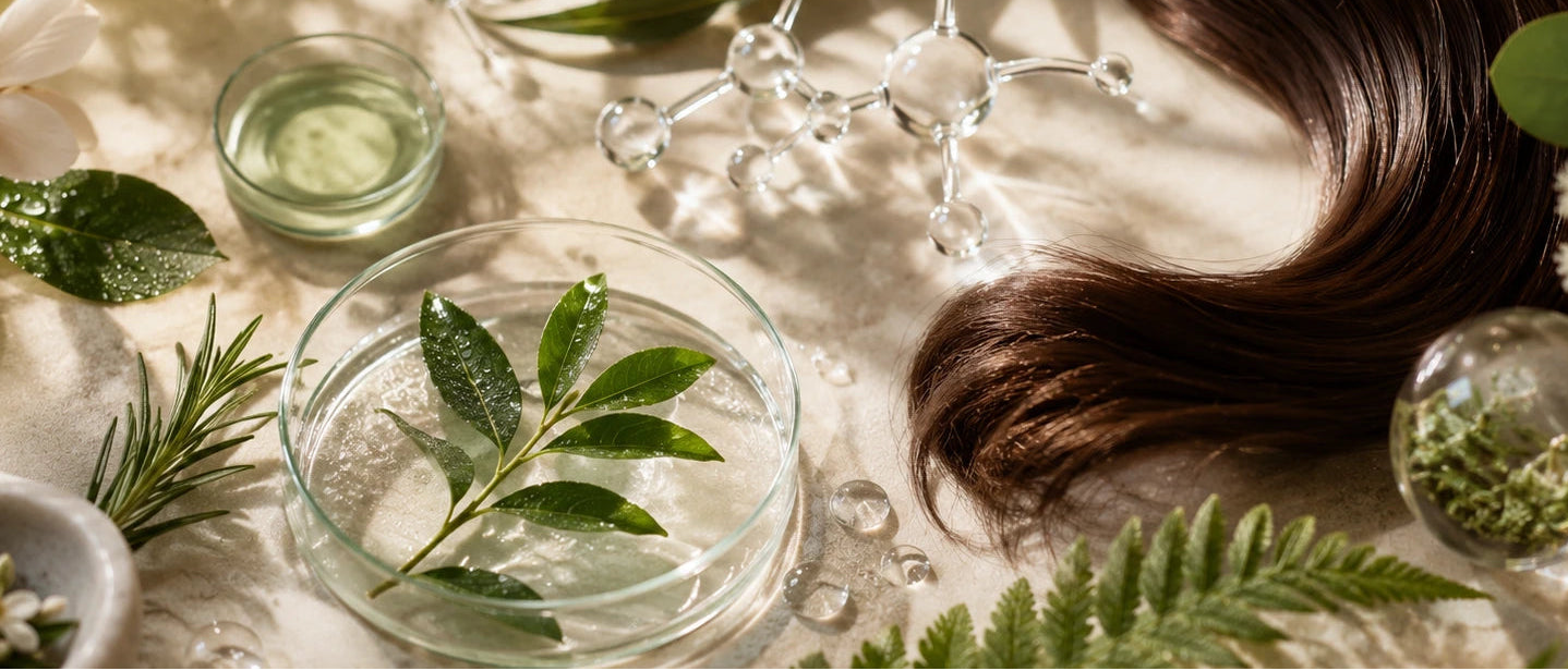 A styled flat-lay featuring a prominent bundle of long, glossy dark brown hair, surrounded by botanical elements, glass containers, and a molecular model on a textured beige background.