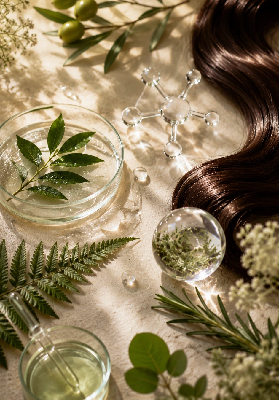 A styled flat-lay featuring a long, dark brown wavy hair extension or wig, surrounded by botanical elements like olive branches, green leaves, white flowers, and glass cosmetic containers on a textured beige surface.