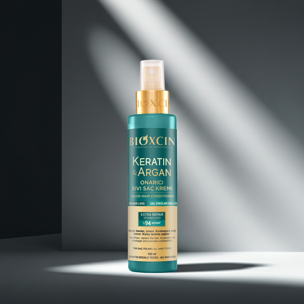 Bioxcin Keratin & Argan hair care product bottle on a dark background