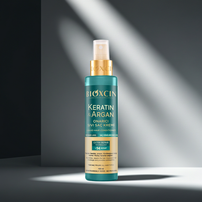Bioxcin Keratin & Argan hair care product bottle on a dark background