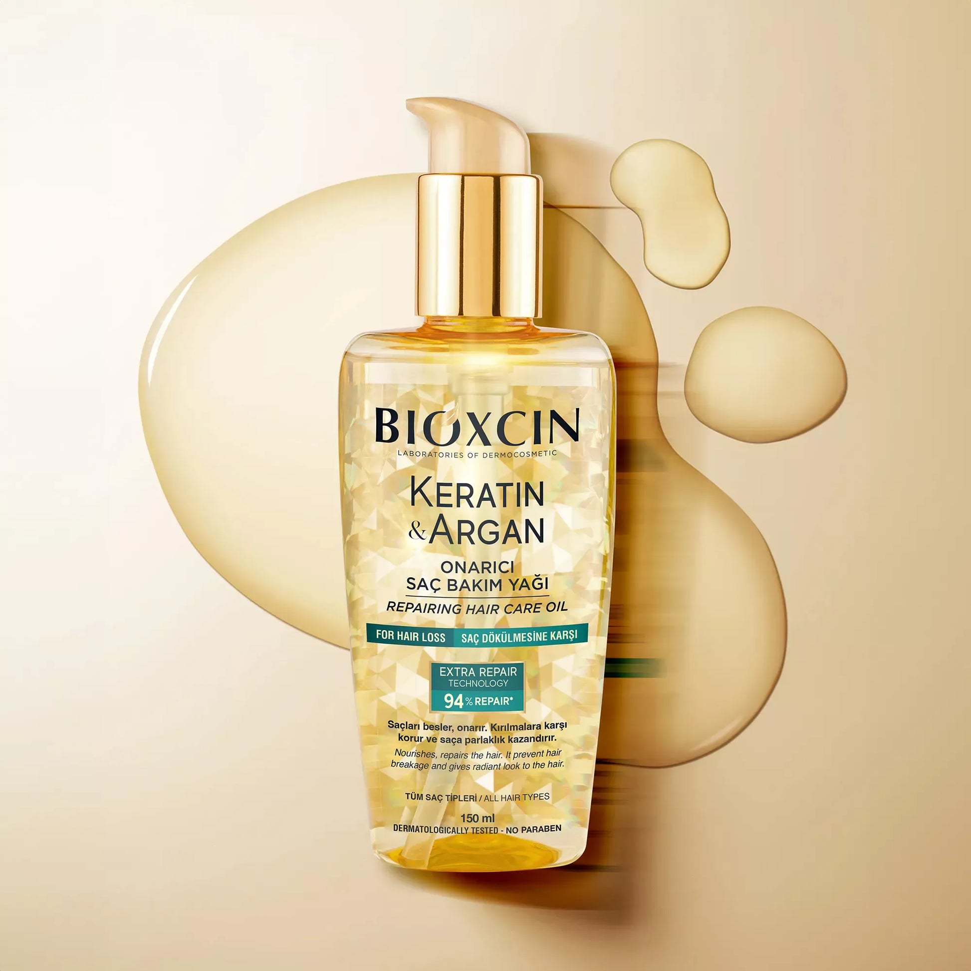 Bioxcin Keratin & Argan hair care oil bottle on a beige background