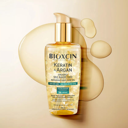 Bioxcin Keratin & Argan hair care oil bottle on a beige background