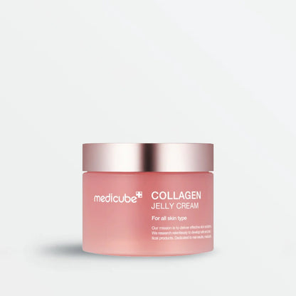 Pink jar of Medicube Collagen Jelly Cream on a light pink background