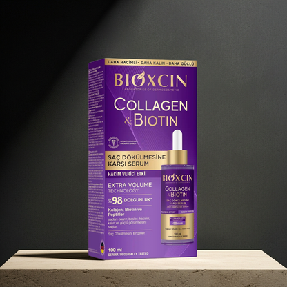 Bioxcin Collagen & Biotin hair serum packaging on a dark background