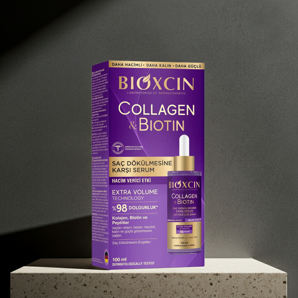 Bioxcin Collagen & Biotin hair serum packaging on a gray background