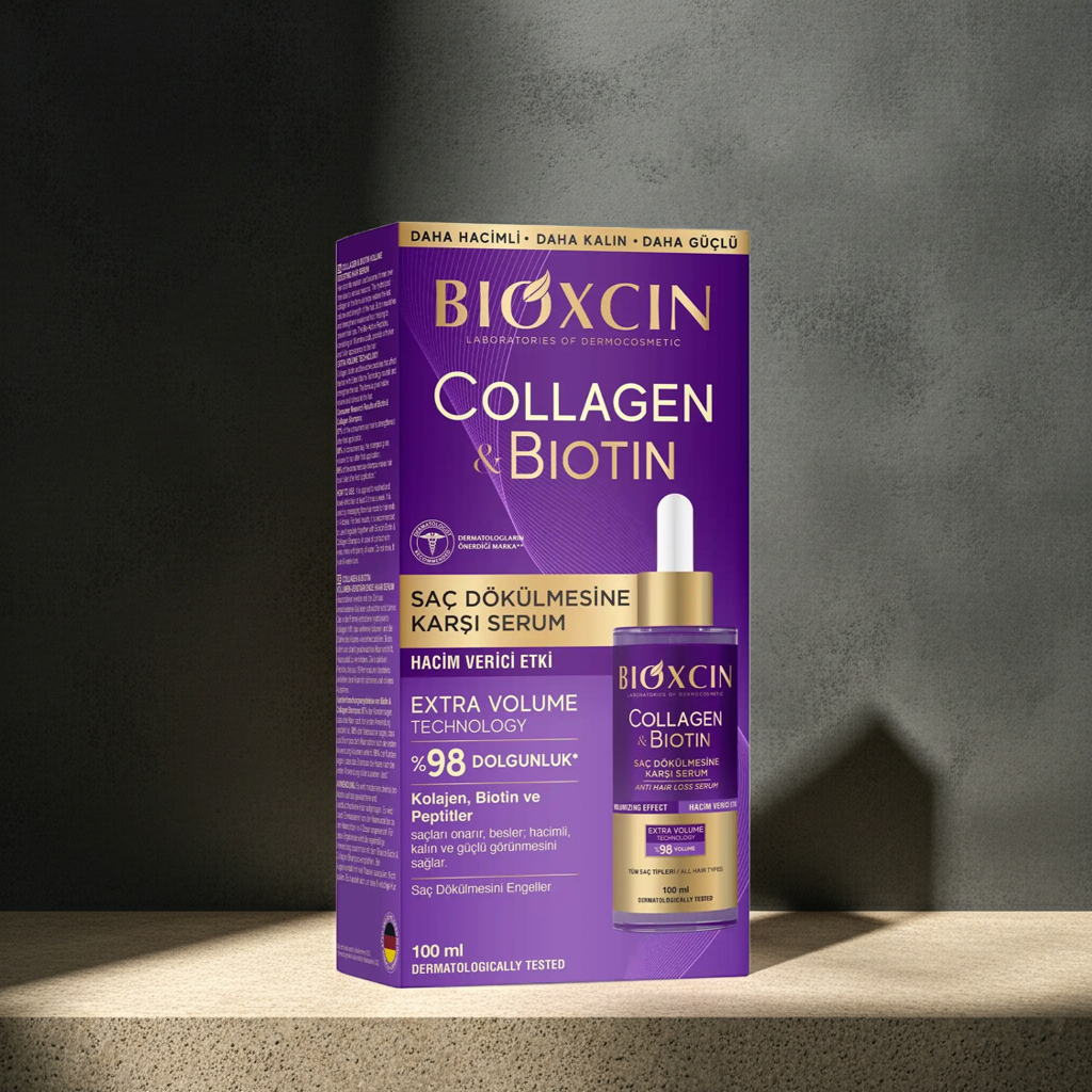 Bioxcin Collagen & Biotin hair serum packaging on a dark background