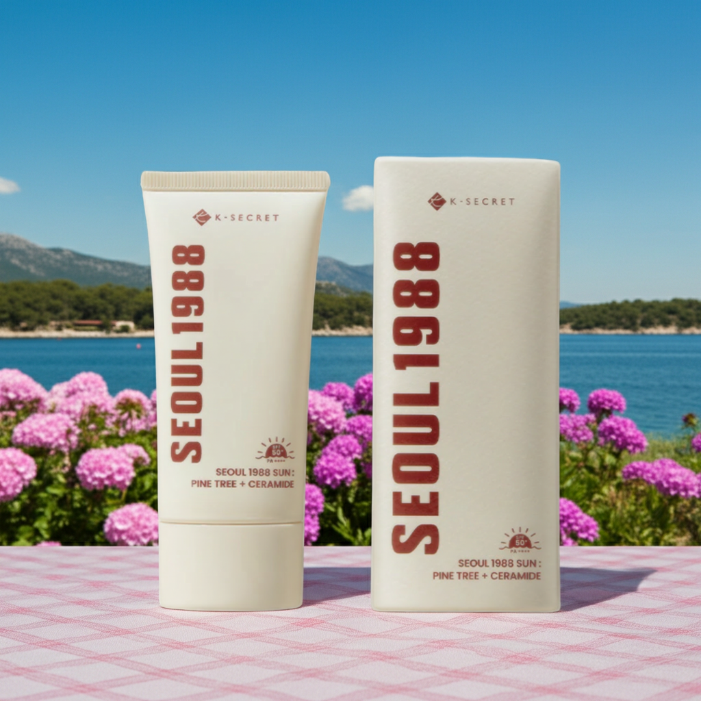 Two 'SEOUL1988' skincare products on a table with a scenic background of flowers and water.