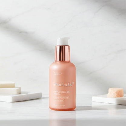 Medicube Triple Collagen Serum with rose gold cap on a white surface with a light gray background