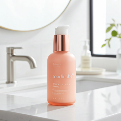 Medicube Triple Collagen serum bottle on a bathroom counter with a mirror and faucet in the background.