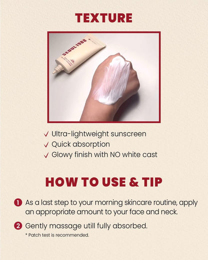 Sunscreen tube with application on hand and product features text on beige background