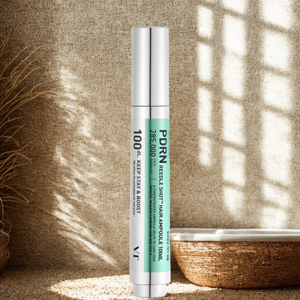VT Reedle shot hair ampoule  tube with a textured wall and plant in the background