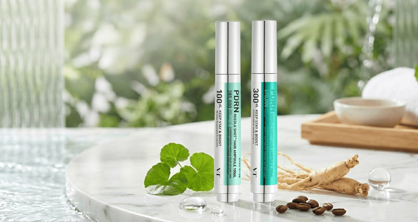 Two VT Reedle Shot hair ampoule products on a table with natural elements in the background