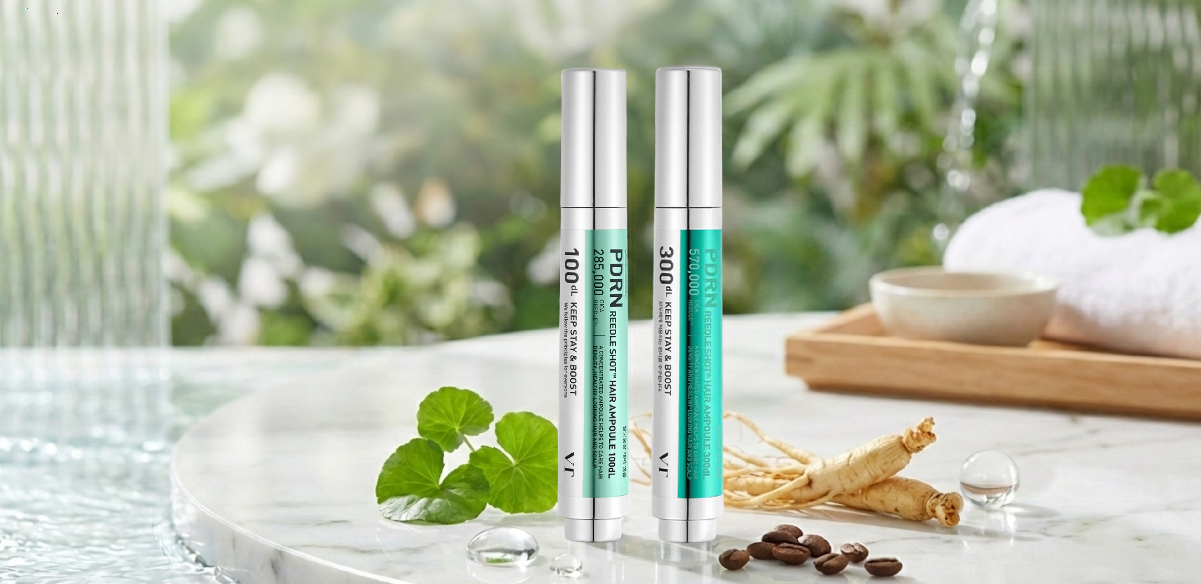 Two skincare products on a table with natural elements in the background