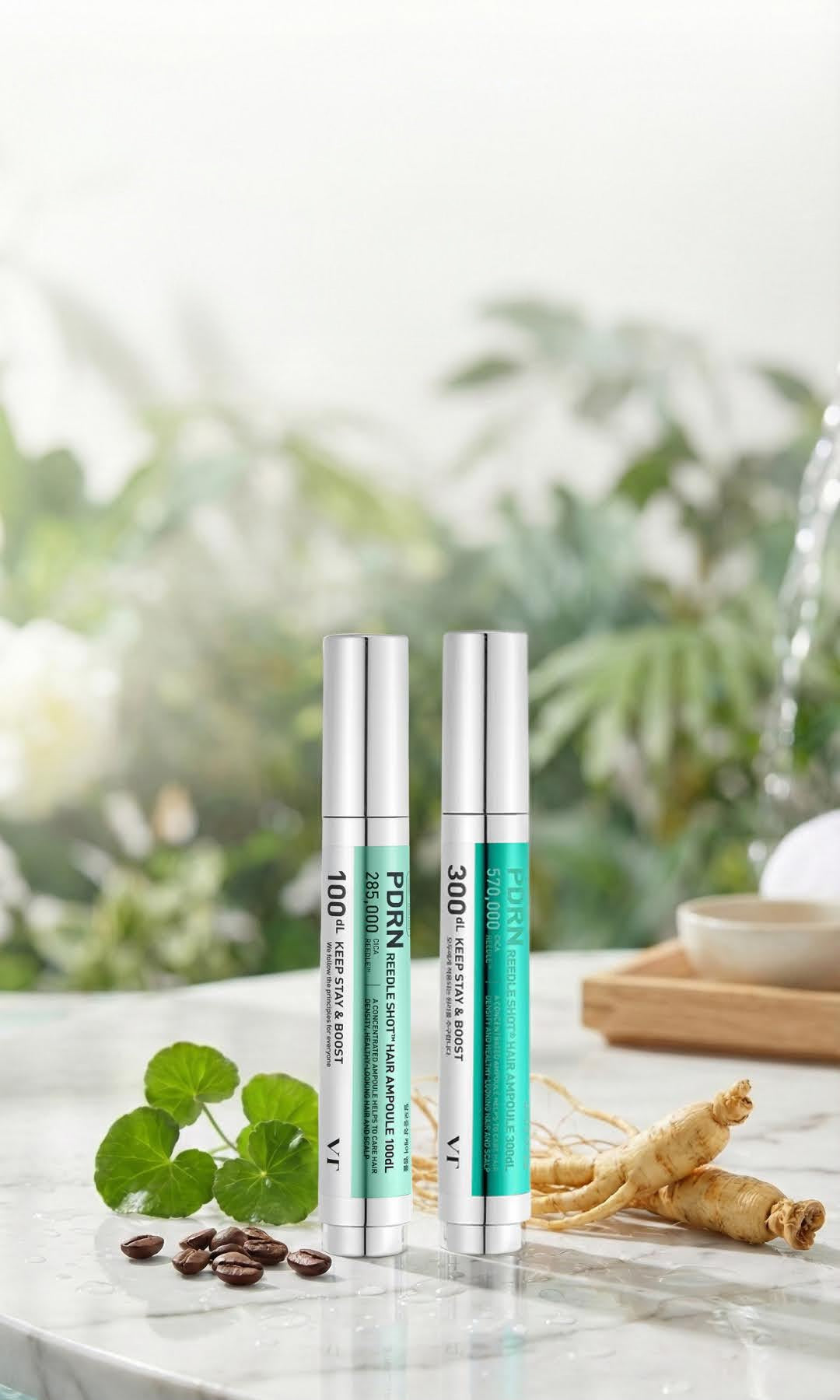 Two VT Reedle shot hair ampoule skincare products on a table with a natural background