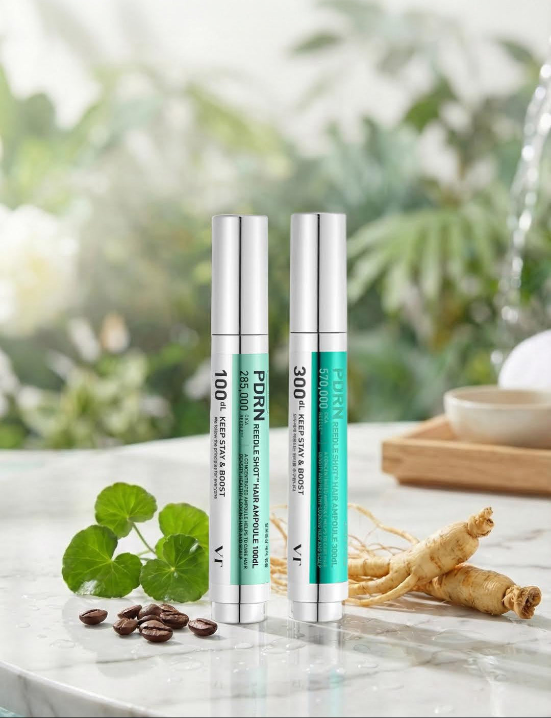 Two VT Hair Ampoules products on a table with a natural background