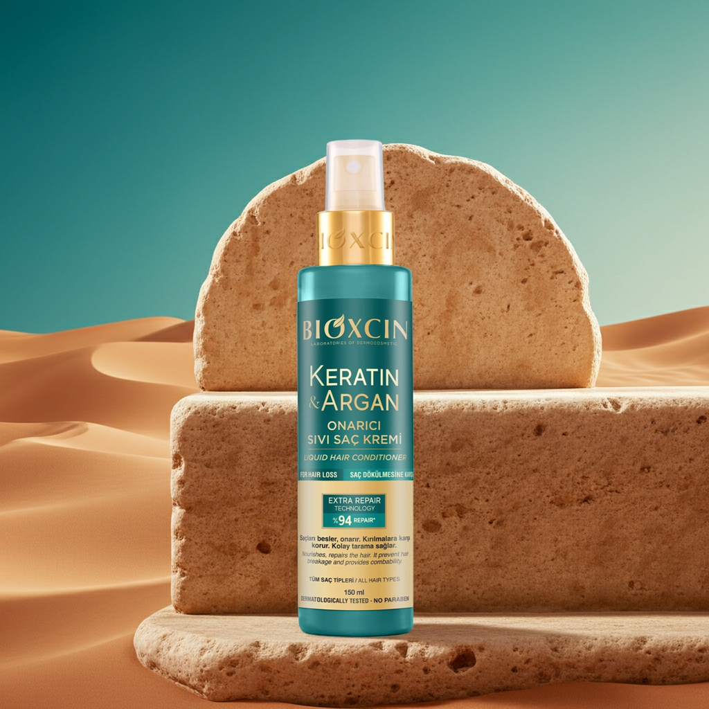 Bioxcin Keratin Argan hair conditioner bottle against a desert background