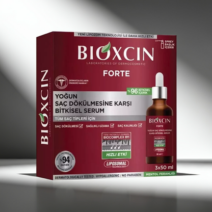 BIOXCIN FORTE hair serum triple pack with text on a grey background