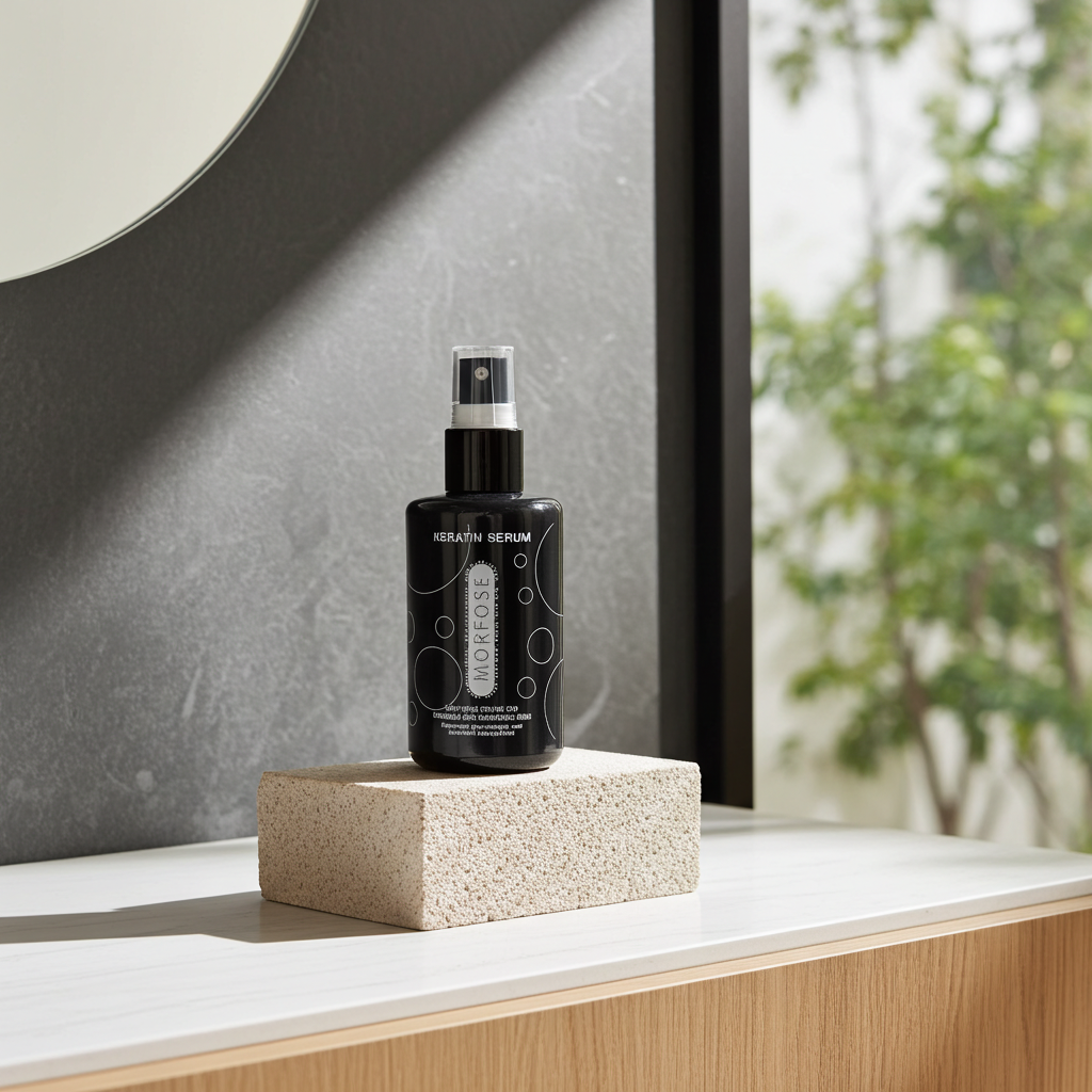 Black Morfose Keratin Serum bottle on a beige block with a blurred background