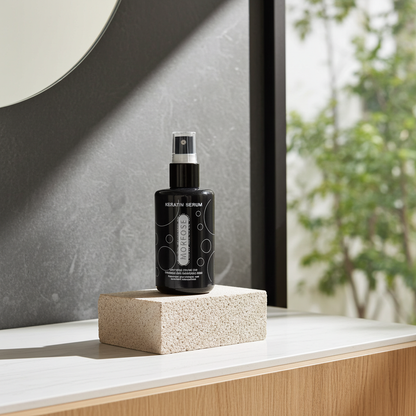 Black Morfose Keratin Serum bottle on a beige block with a blurred background