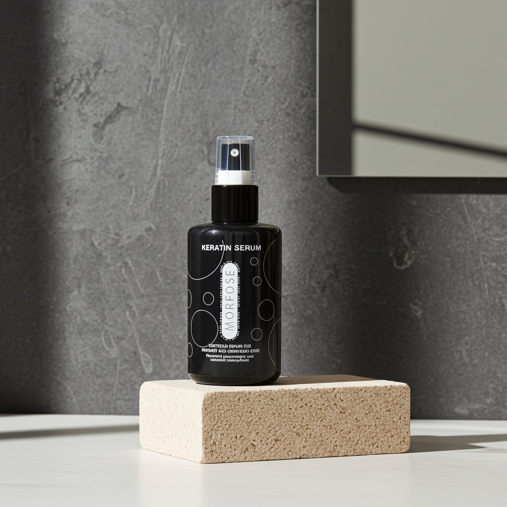 Black Morfose Keratin bottle on a beige block with a gray textured wall background