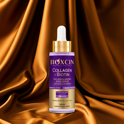 Bioxcin Collagen & Biotin serum bottle on a brown fabric background