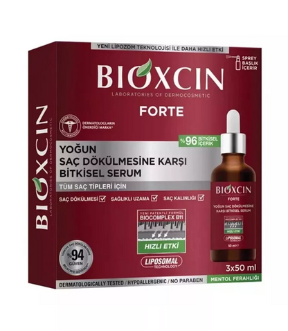Bioxcin Forte hair serum packaging with dropper on a white background