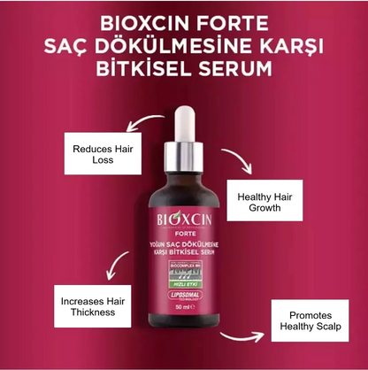 BIOXCIN FORTE hair serum bottle with text on a red background